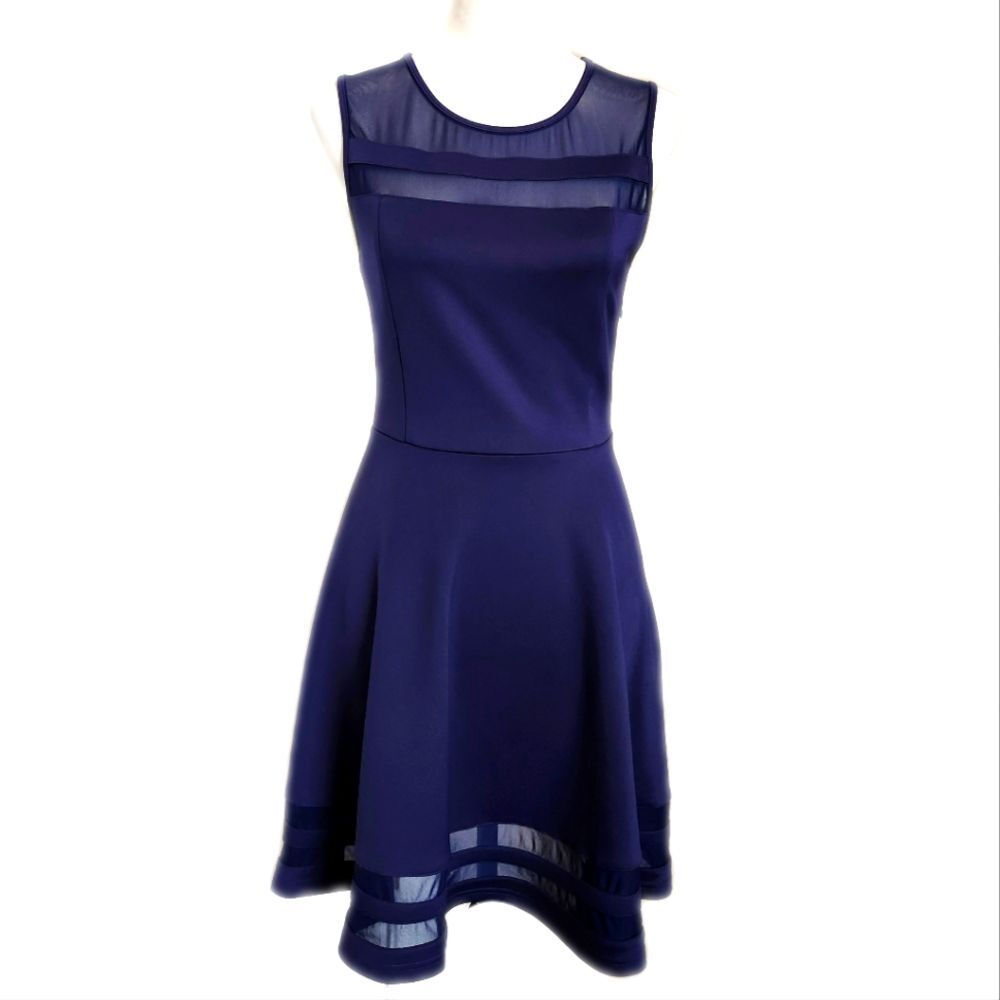 Lulu's navy blue fit & flare sleeveless sailor dress, sheer panels, size M
